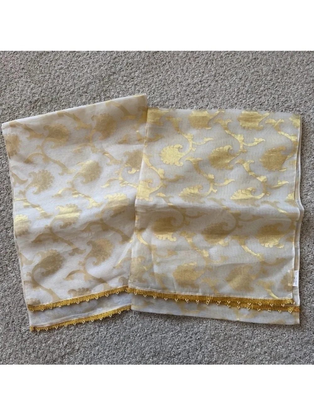 Beige Gold Silk Gauze Table Runner Glitter Beaded Metallic Sheer Gold Leaf 2x